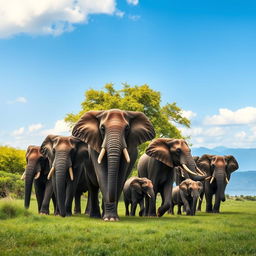 A majestic herd of 10 elephants gracefully walking through a lush green landscape, depicting their natural beauty and strength
