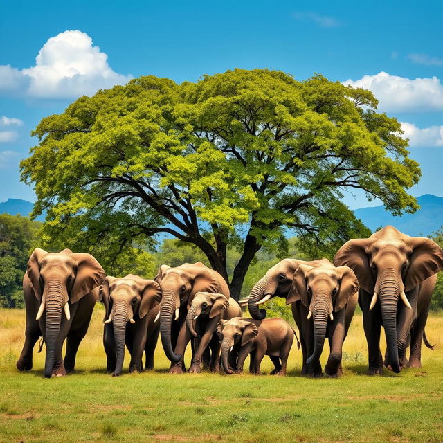 A majestic herd of 10 elephants gracefully walking through a lush green landscape, depicting their natural beauty and strength