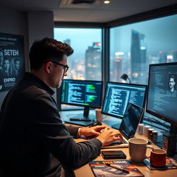 A focused man programming at a sleek, modern workstation