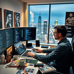 A focused man programming at a sleek, modern workstation