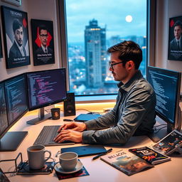 A focused man programming at a sleek, modern workstation