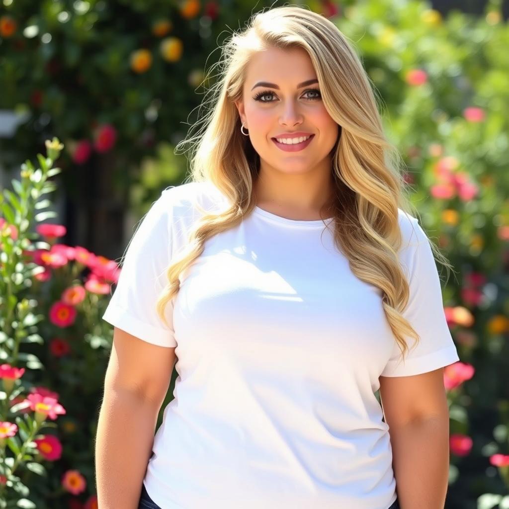 A curvy beautiful blonde woman with a big bust wearing a white t-shirt that highlights her figure