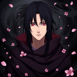 A stunning portrayal of Itachi Uchiha from the anime Naruto, wearing his iconic Akatsuki cloak