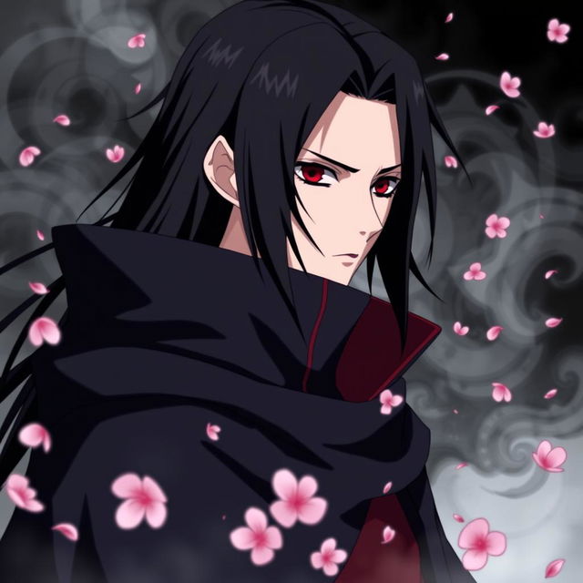 A stunning portrayal of Itachi Uchiha from the anime Naruto, wearing his iconic Akatsuki cloak