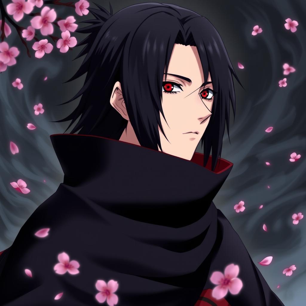 A stunning portrayal of Itachi Uchiha from the anime Naruto, wearing his iconic Akatsuki cloak