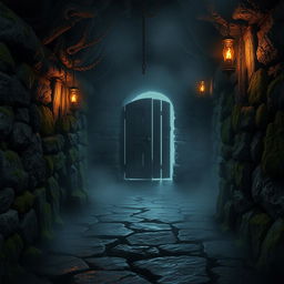 A dark and eerie dungeon background, with stone walls covered in moss and lichen, flickering torches casting shadows across the uneven floor