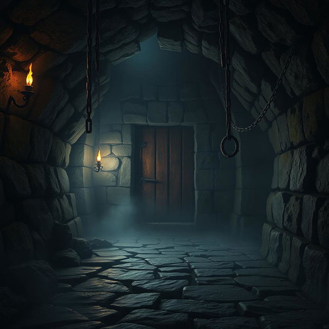 A dark and eerie dungeon background, with stone walls covered in moss and lichen, flickering torches casting shadows across the uneven floor