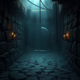 A dark and eerie dungeon background, with stone walls covered in moss and lichen, flickering torches casting shadows across the uneven floor