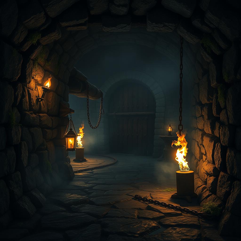 A dark and eerie dungeon background, with stone walls covered in moss and lichen, flickering torches casting shadows across the uneven floor