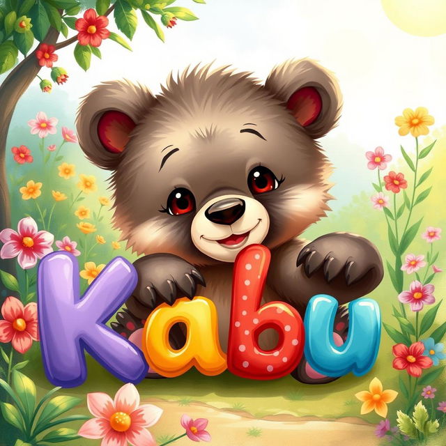A charming animal illustration featuring a cute little bear cub, playfully interacting with the name 'Kabu' crafted in colorful, playful letters