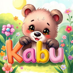 A charming animal illustration featuring a cute little bear cub, playfully interacting with the name 'Kabu' crafted in colorful, playful letters