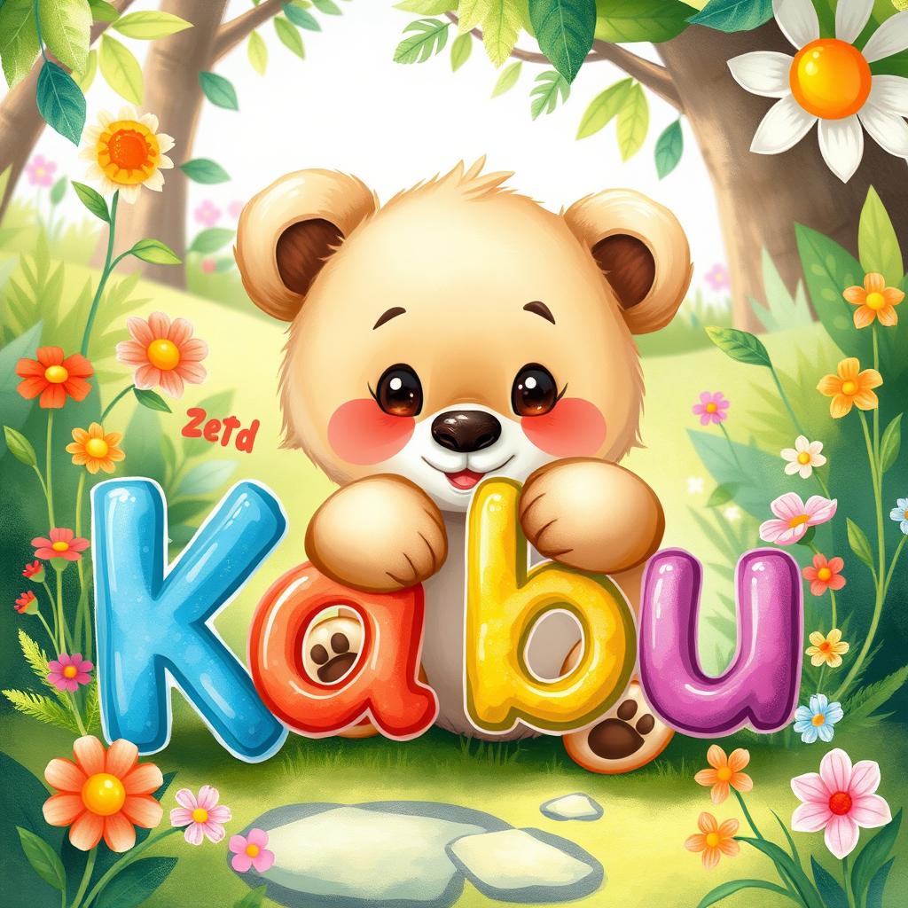 A charming animal illustration featuring a cute little bear cub, playfully interacting with the name 'Kabu' crafted in colorful, playful letters
