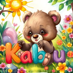 A charming animal illustration featuring a cute little bear cub, playfully interacting with the name 'Kabu' crafted in colorful, playful letters