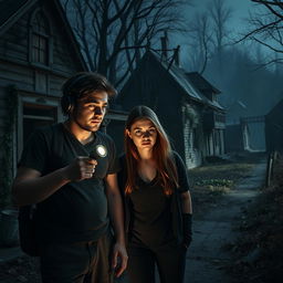 In an eerie abandoned village, three individuals are exploring the haunting landscape
