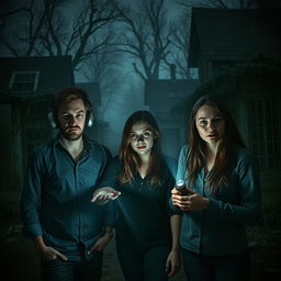 In an eerie abandoned village, three individuals are exploring the haunting landscape