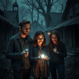 In an eerie abandoned village, three individuals are exploring the haunting landscape