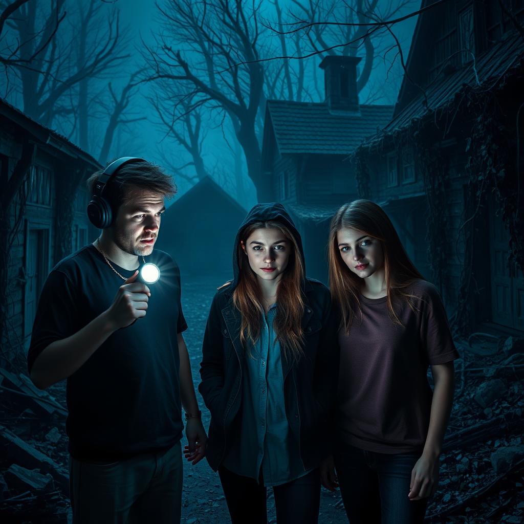 In an eerie abandoned village, three individuals are exploring the haunting landscape