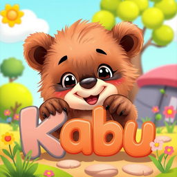 A cute little bear cub playfully engaging with the name 'Kabu' in a whimsical, colorful setting