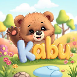 A cute little bear cub playfully engaging with the name 'Kabu' in a whimsical, colorful setting