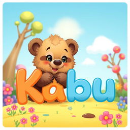 A cute little bear cub playfully engaging with the name 'Kabu' in a whimsical, colorful setting