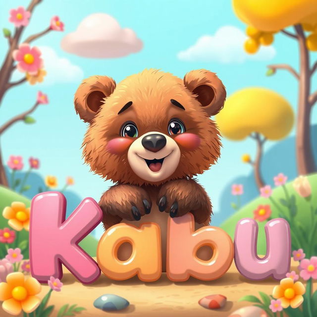 A cute little bear cub playfully engaging with the name 'Kabu' in a whimsical, colorful setting
