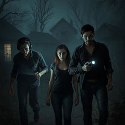 In a chilling, abandoned village, three figures are seen navigating the eerie surroundings