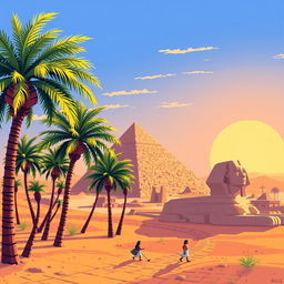 A vibrant 32-bit pixel art representation of ancient Egypt, featuring iconic landmarks such as the Great Pyramid of Giza and the Sphinx