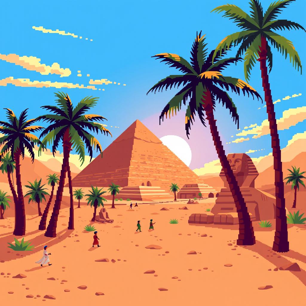 A vibrant 32-bit pixel art representation of ancient Egypt, featuring iconic landmarks such as the Great Pyramid of Giza and the Sphinx