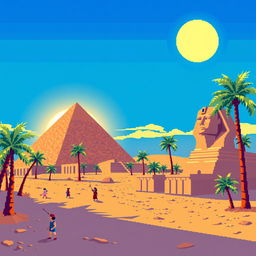 A vibrant 32-bit pixel art representation of ancient Egypt, featuring iconic landmarks such as the Great Pyramid of Giza and the Sphinx