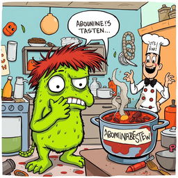 A humorous cartoon scene depicting a comically exaggerated monster with a disgusted expression, standing in a messy kitchen filled with bizarre and unappetizing food creations