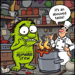 A humorous cartoon scene depicting a comically exaggerated monster with a disgusted expression, standing in a messy kitchen filled with bizarre and unappetizing food creations