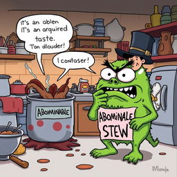 A humorous cartoon scene depicting a comically exaggerated monster with a disgusted expression, standing in a messy kitchen filled with bizarre and unappetizing food creations