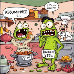 A humorous cartoon scene depicting a comically exaggerated monster with a disgusted expression, standing in a messy kitchen filled with bizarre and unappetizing food creations
