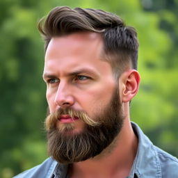 A portrait of a man with a medium long beard, clean-shaven upper lip, showcasing strong facial features