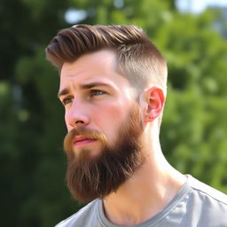 A portrait of a man with a medium long beard, clean-shaven upper lip, showcasing strong facial features