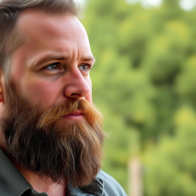 A portrait of a man with a medium long beard, clean-shaven upper lip, showcasing strong facial features