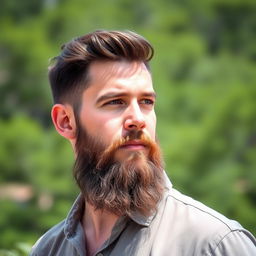 A portrait of a man with a medium long beard, clean-shaven upper lip, showcasing strong facial features