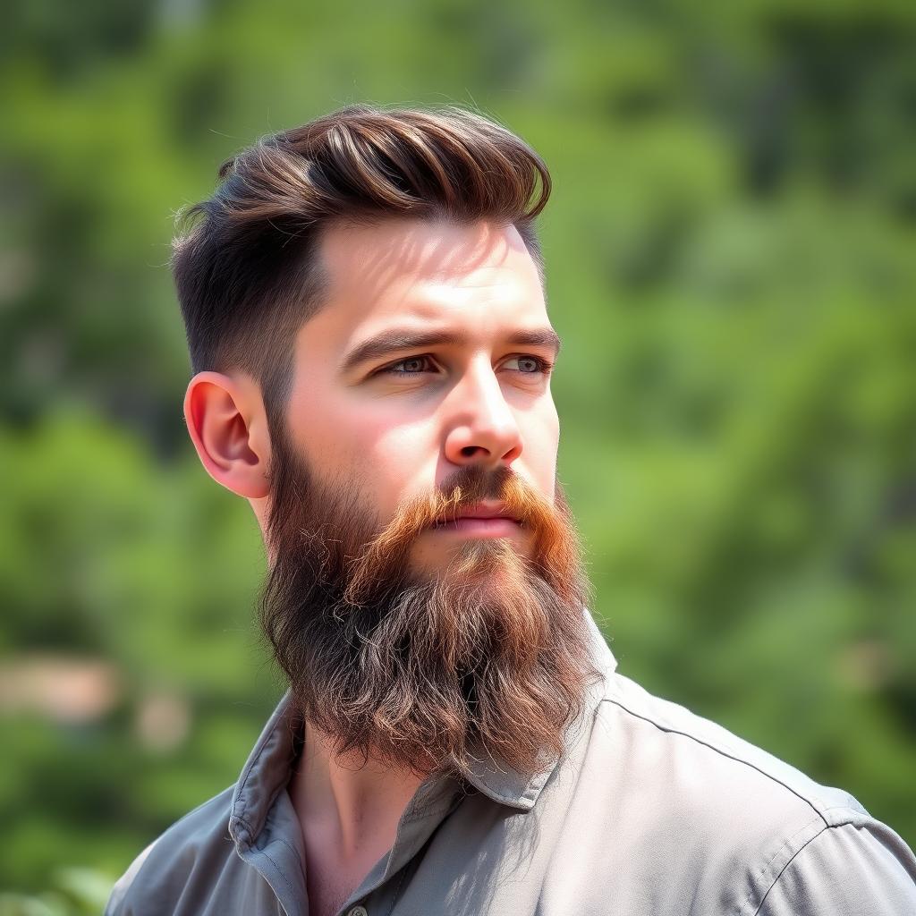 A portrait of a man with a medium long beard, clean-shaven upper lip, showcasing strong facial features