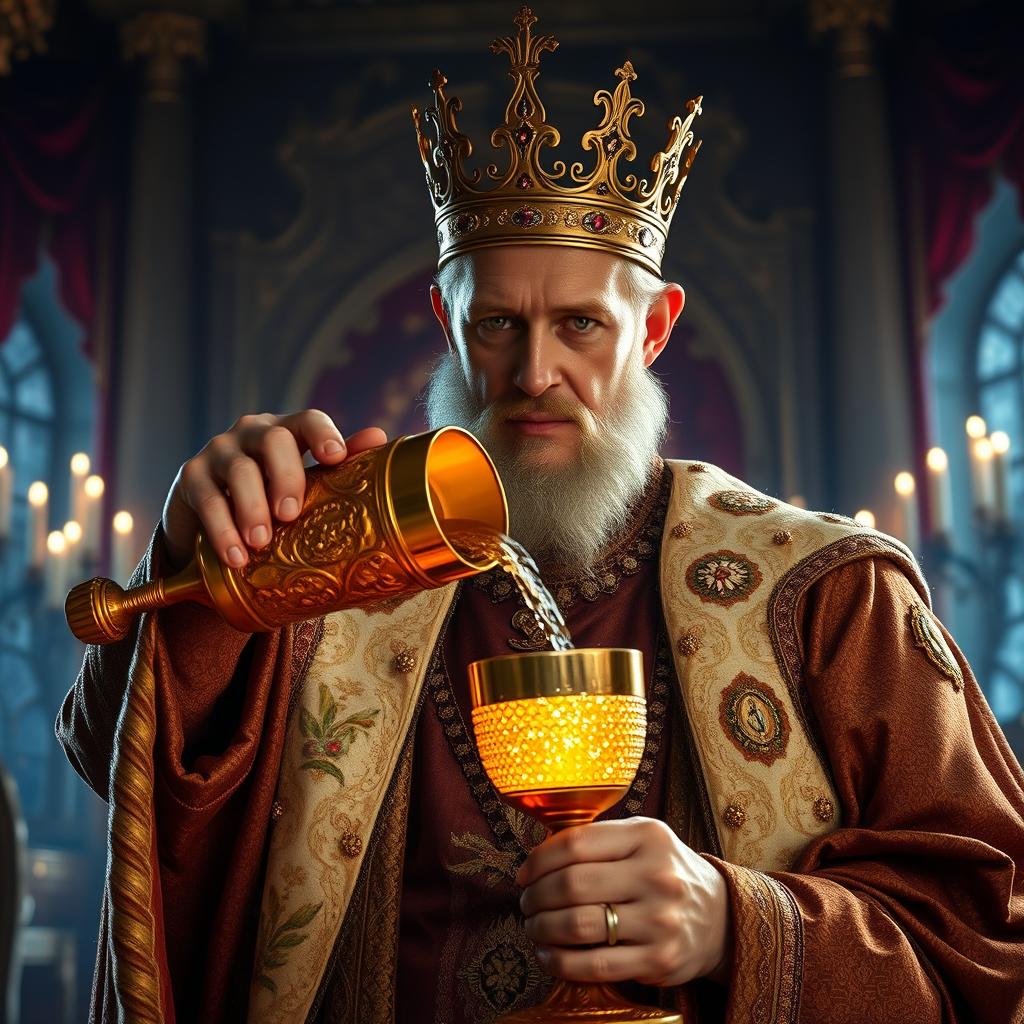 A regal and majestic scene of a king pouring a golden goblet filled with a sparkling liquid