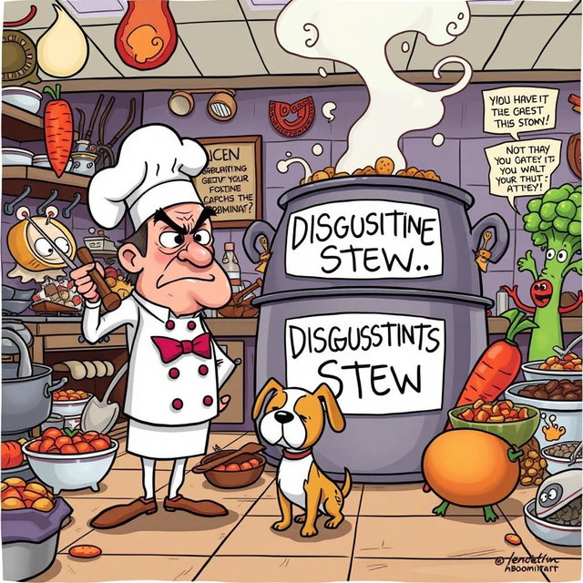 A humorous cartoon scene illustrating the concept of 'abominate'