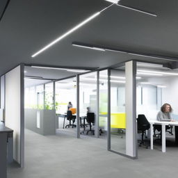 White and gray themed shared office space, conveying a sense of effective collaboration and professional atmosphere.