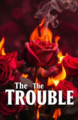 A vivid and dramatic scene of red roses engulfed in flames with a large, charred rose at the center, emitting smoke