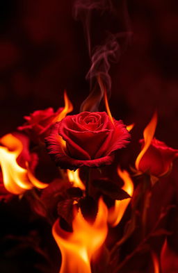 A vivid and dramatic scene of red roses engulfed in flames with a large, charred rose at the center, emitting smoke
