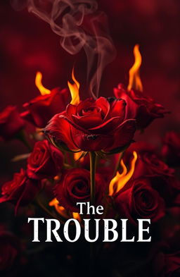 A vivid and dramatic scene of red roses engulfed in flames with a large, charred rose at the center, emitting smoke