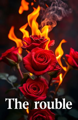 A vivid and dramatic scene of red roses engulfed in flames with a large, charred rose at the center, emitting smoke