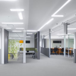 White and gray themed shared office space, conveying a sense of effective collaboration and professional atmosphere.