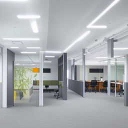 White and gray themed shared office space, conveying a sense of effective collaboration and professional atmosphere.