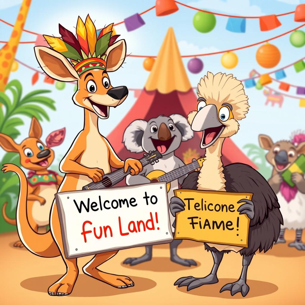 A playful cartoon scene featuring a group of friendly animals celebrating their unique cultural identities