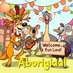 A playful cartoon scene featuring a group of friendly animals celebrating their unique cultural identities