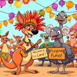 A playful cartoon scene featuring a group of friendly animals celebrating their unique cultural identities